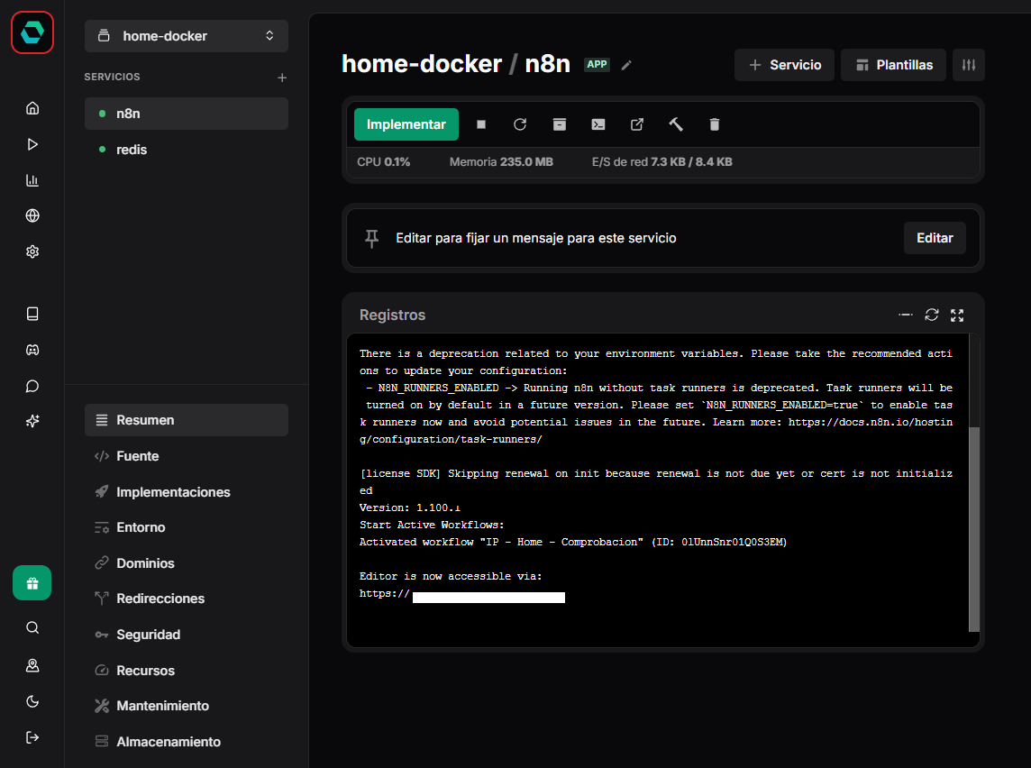 n8n funcionando en easy panel
