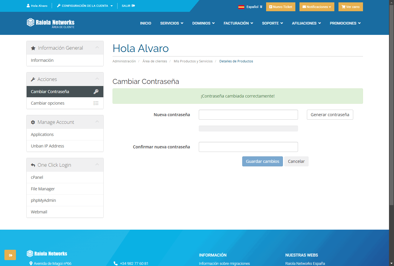  contraseña cambiada cpanel