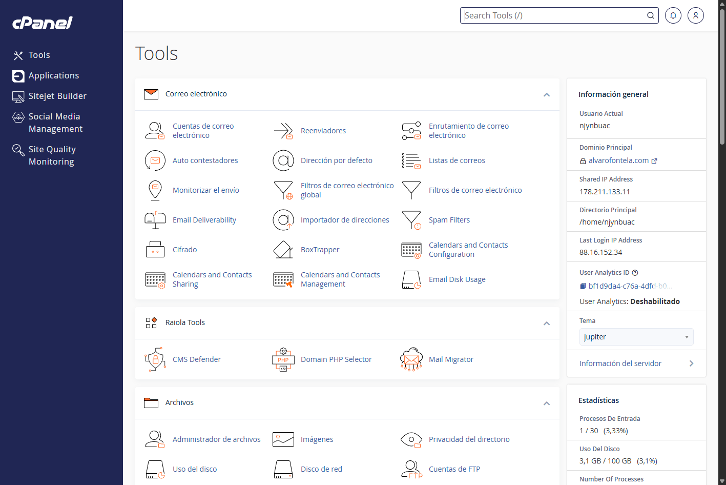 interfaz de cpanel