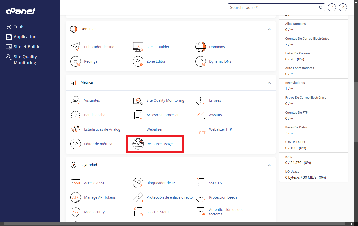 Dashboard de uso de recursos en cPanel con CloudLinux