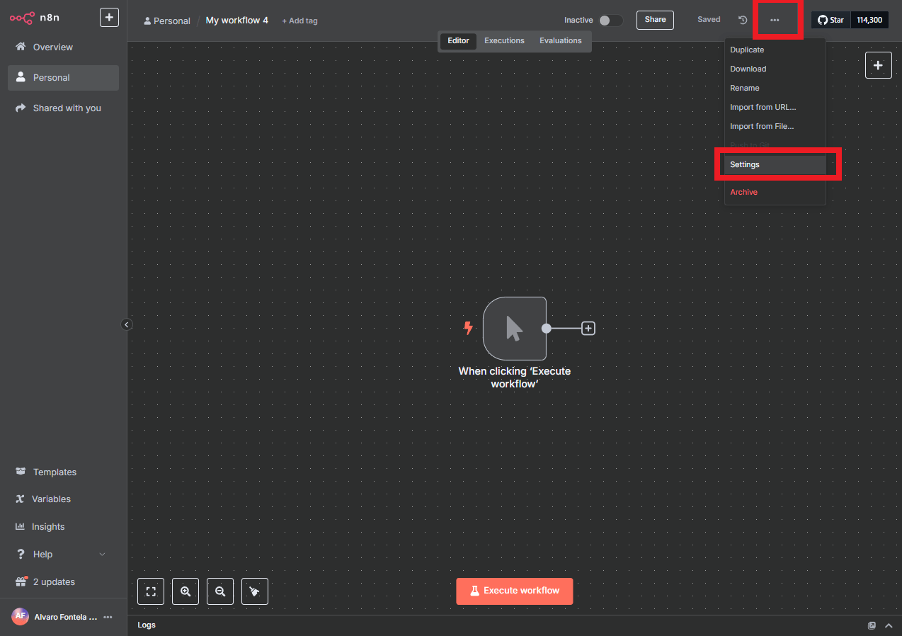 settings workflow n8n