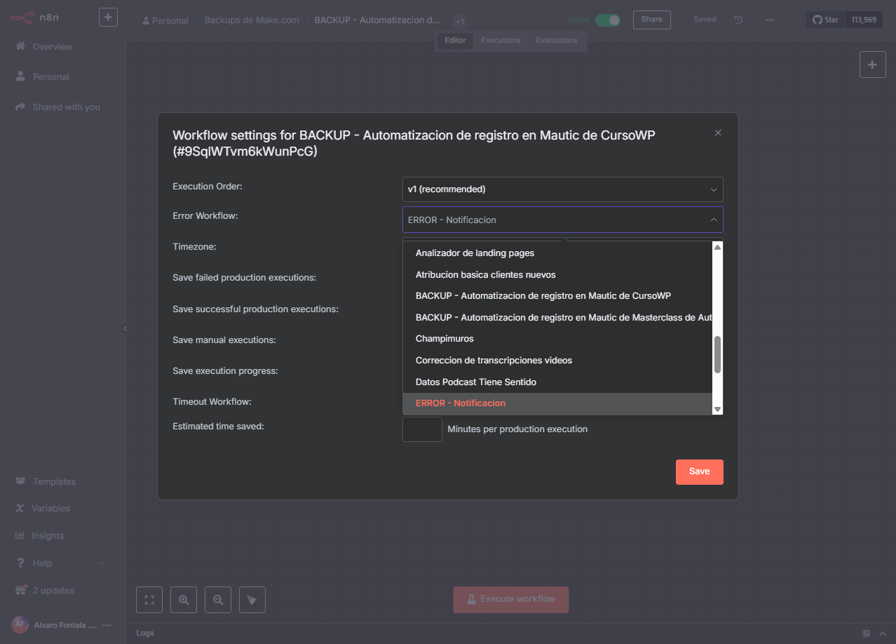 configurar automatizacion de error n8n