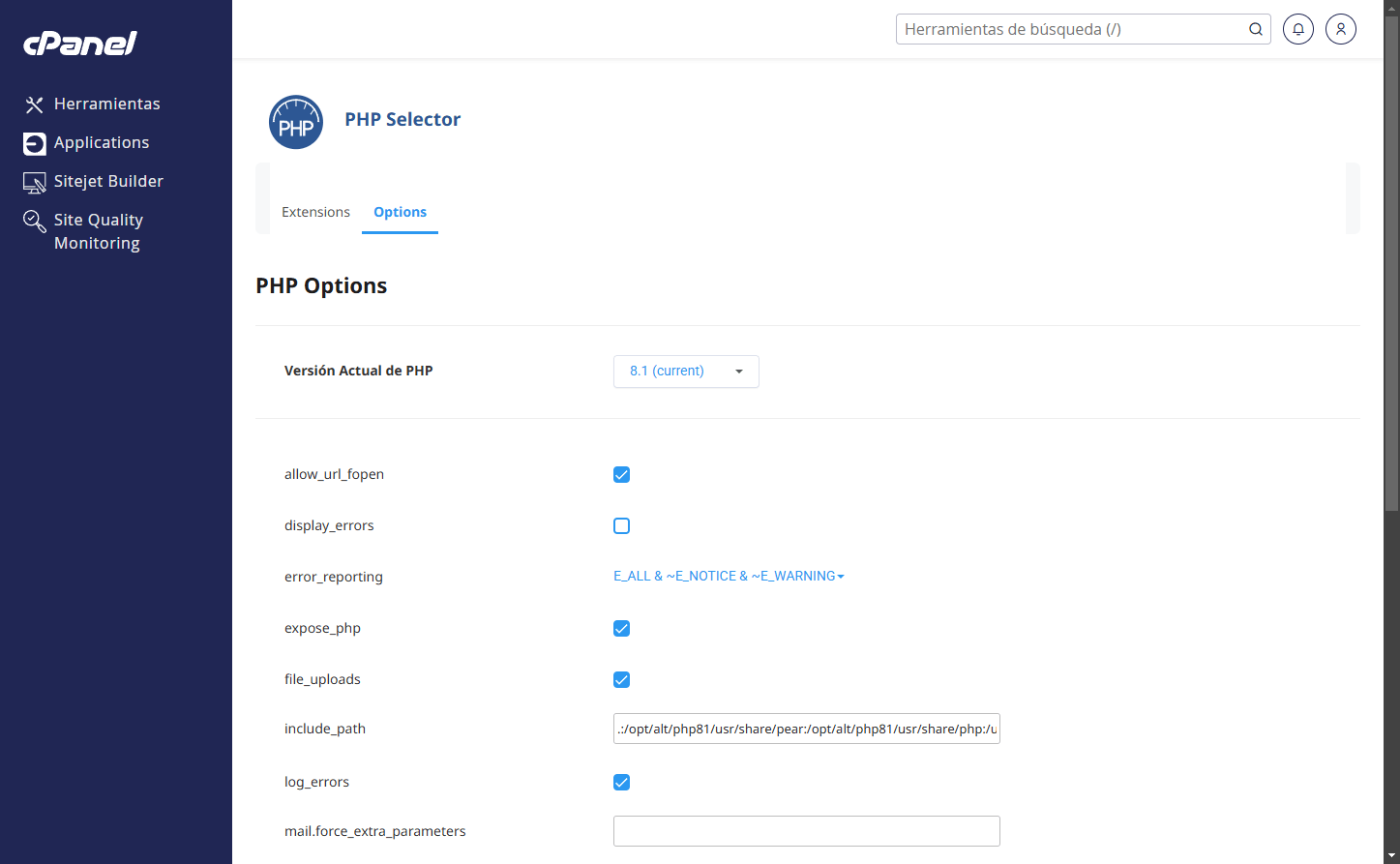 cambiar variables de php cpanel