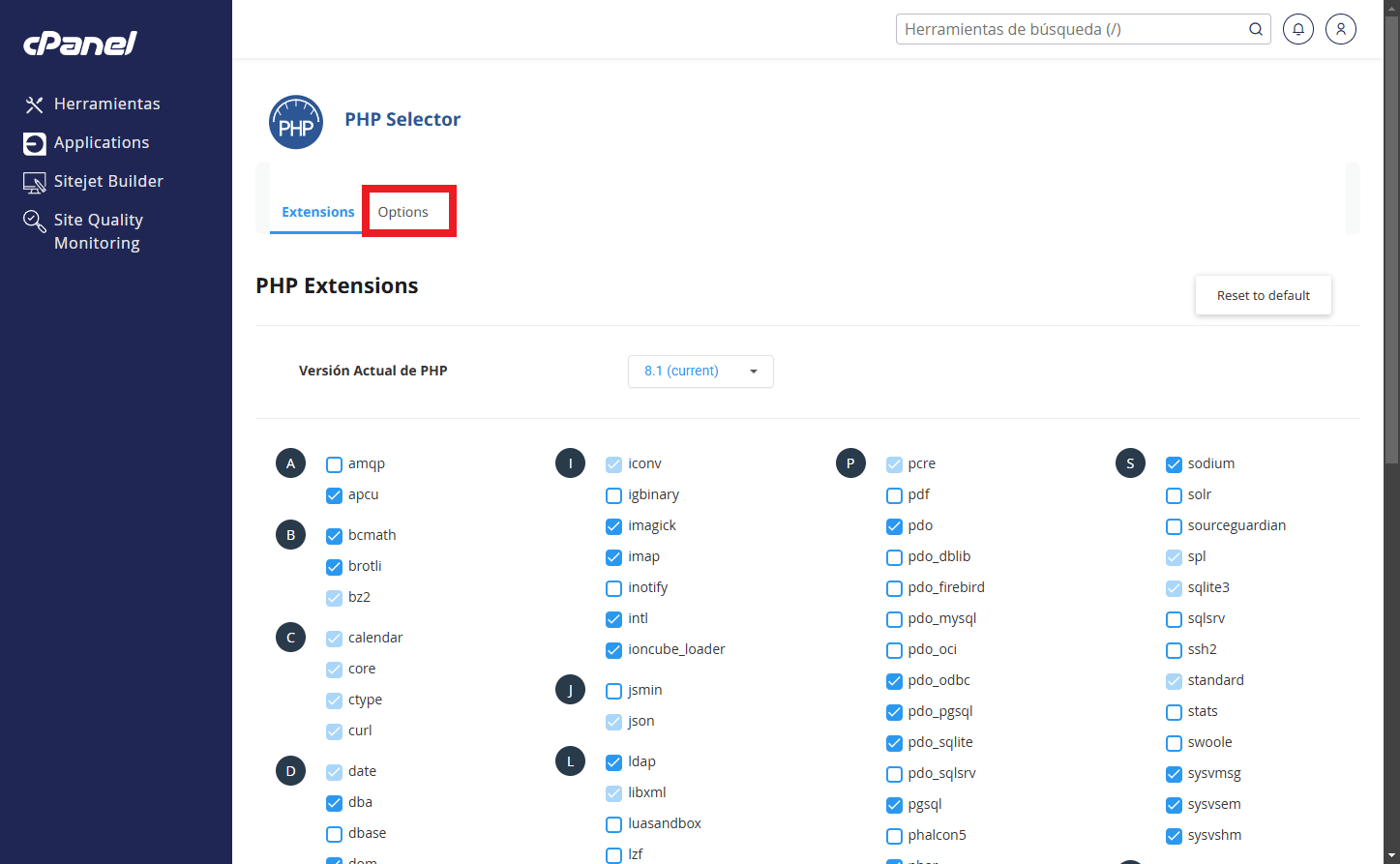 selector de extensiones de PHP cPanel CloudLinux