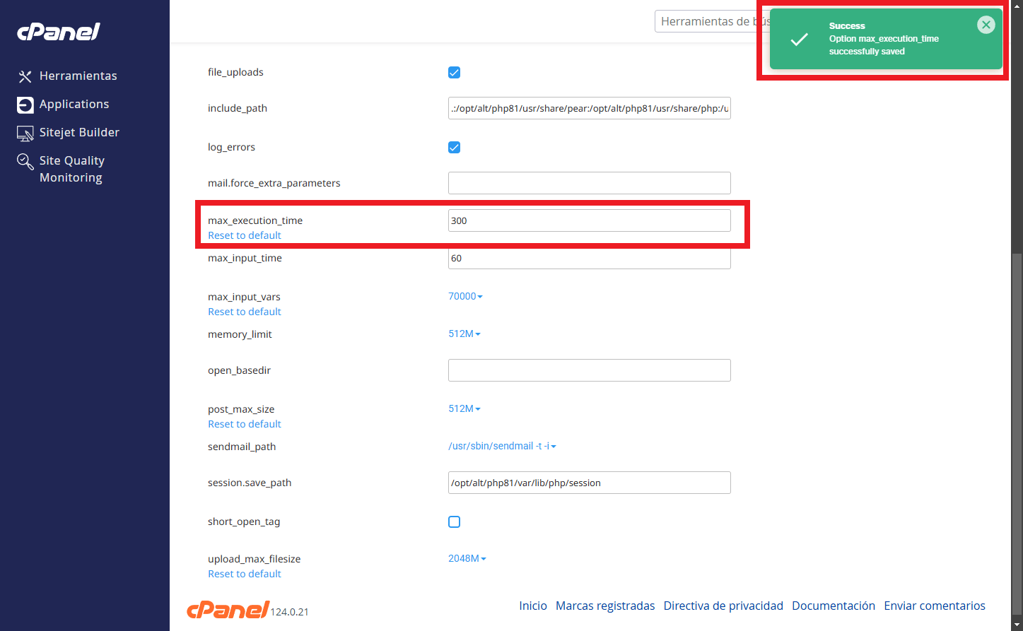 cambiar configuracion php cpanel