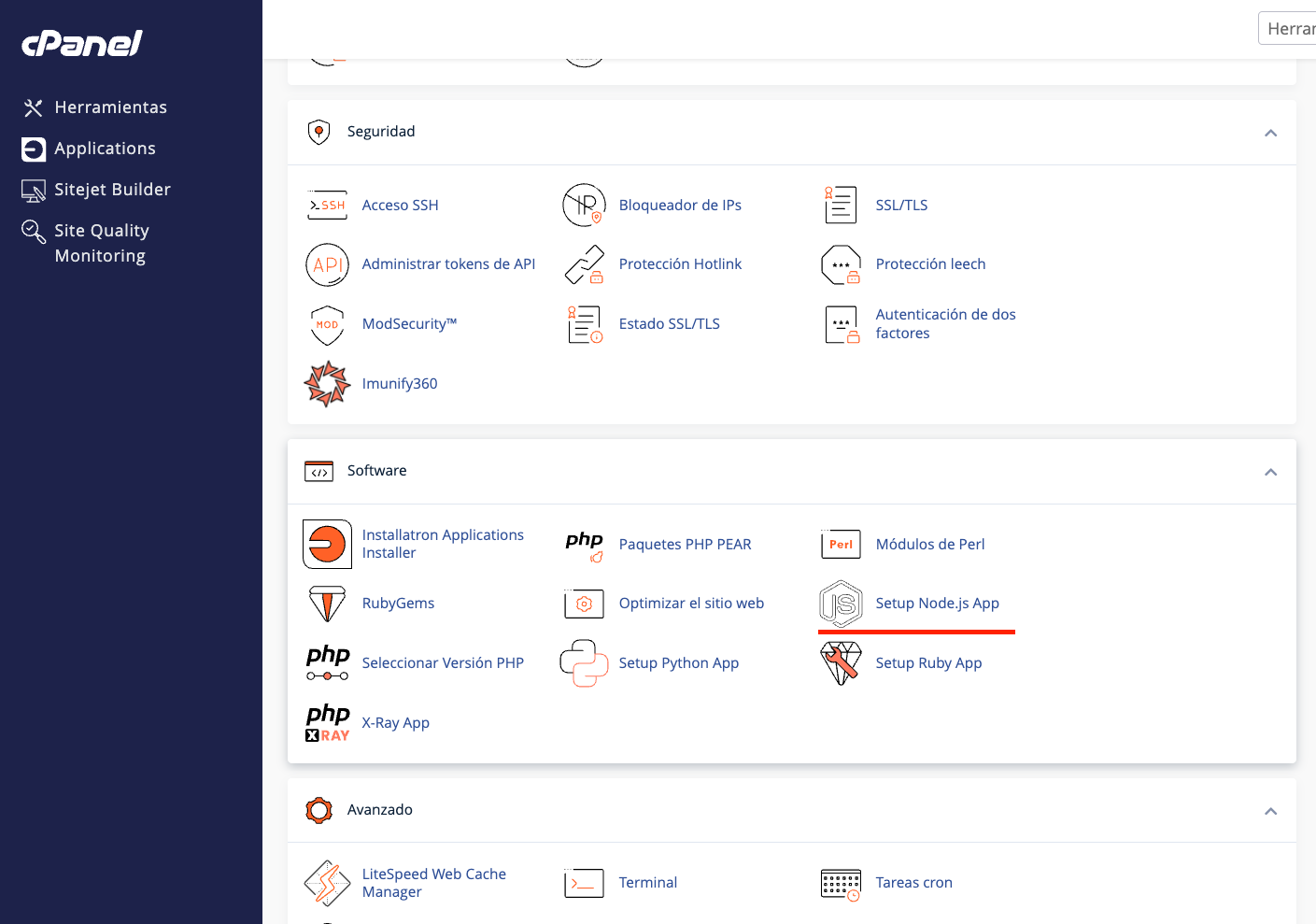 setup nodejs app cpanel