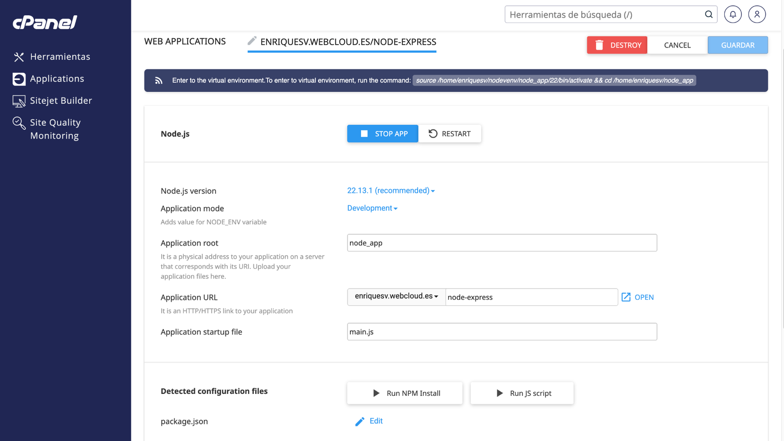 aplicacion nodejs desplegada hosting con cpanel