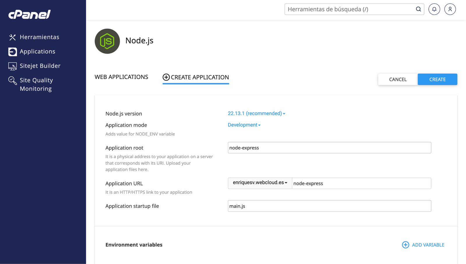 setup nodejs app cpanel