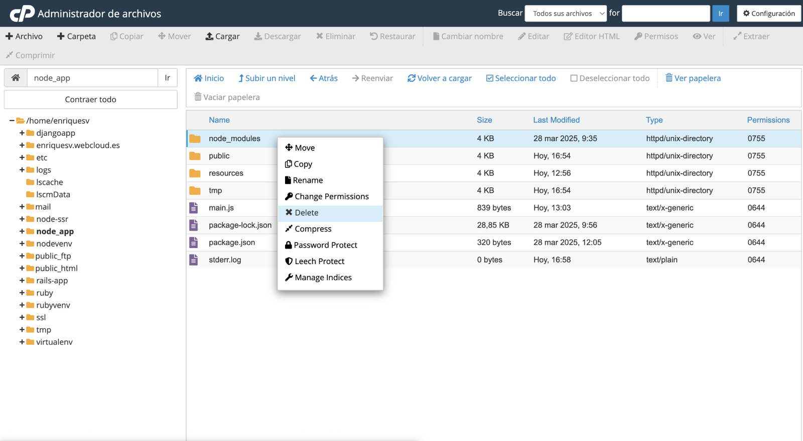 borrar carpeta file manager cpanel