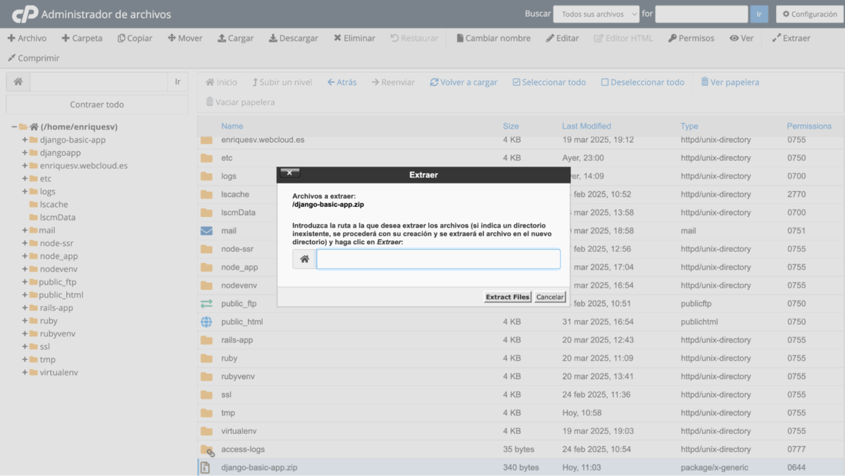 Carpeta generada en cPanel tras descomprimir proyecto
