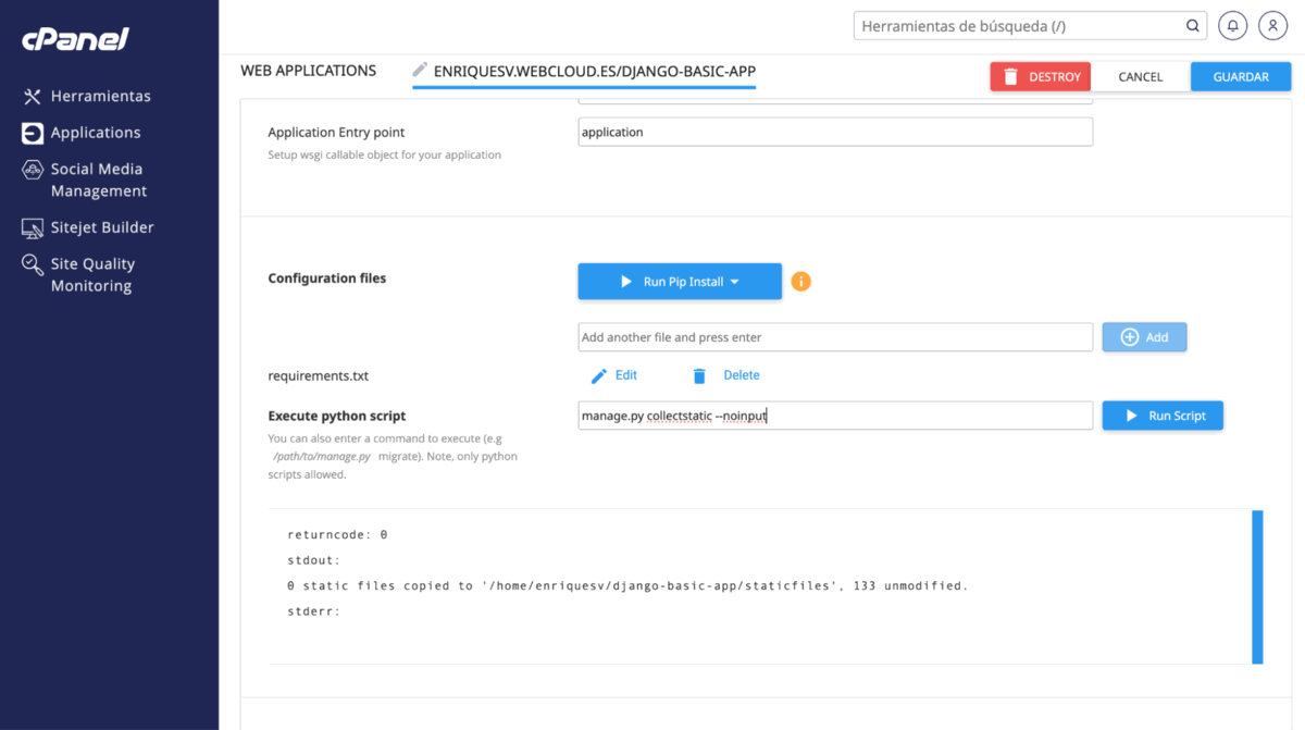ejecutar comando para recolectar ficheros estáticos de una aplicación