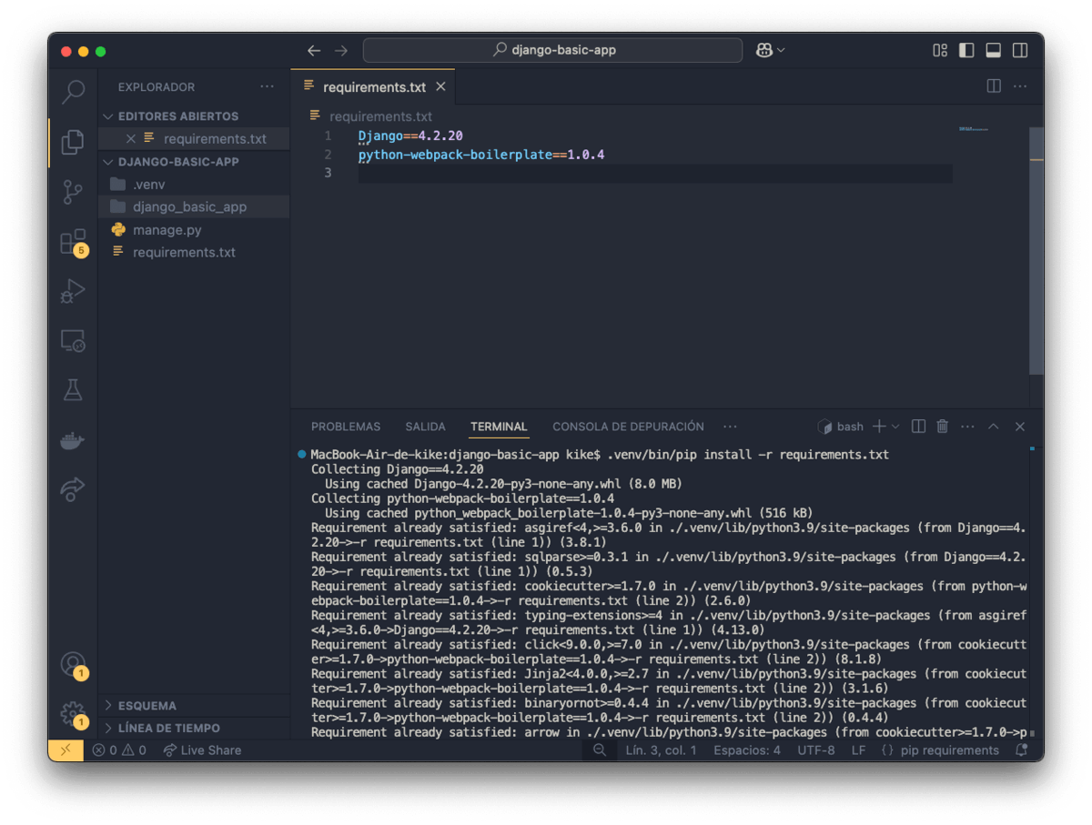  instalar dependencias definidas en el fichero `requirements.txt