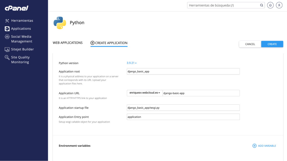  campo “Python version” en cPanel