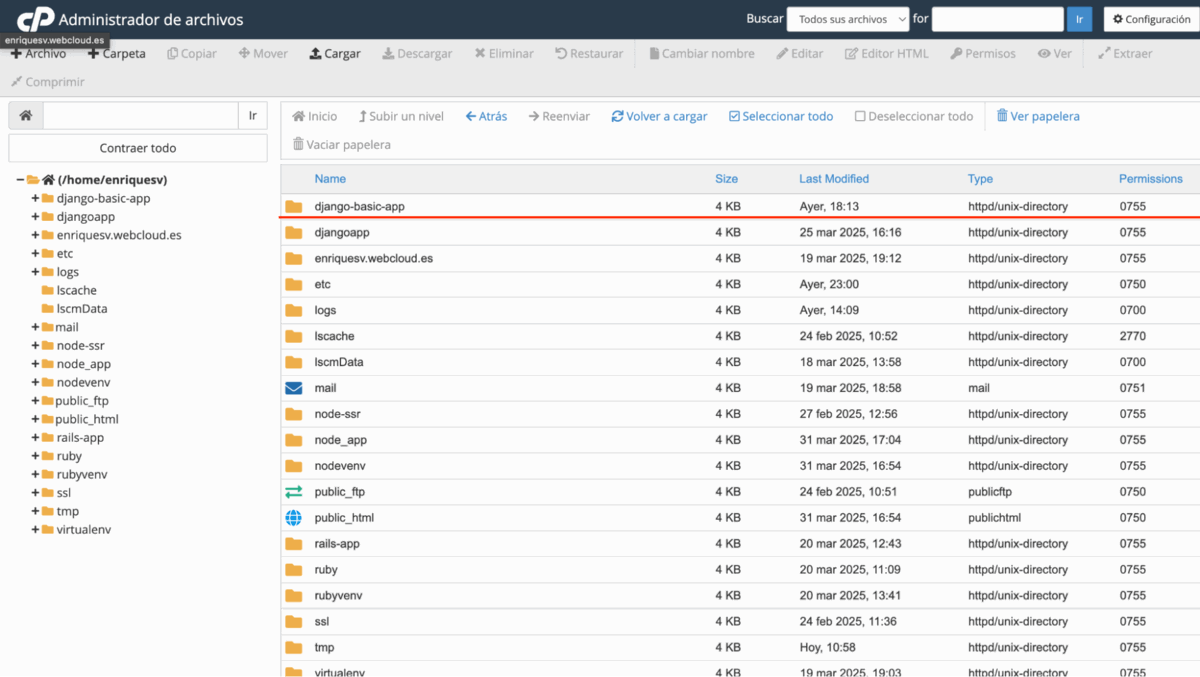 Carpeta `django-basic-app`. en cPanel