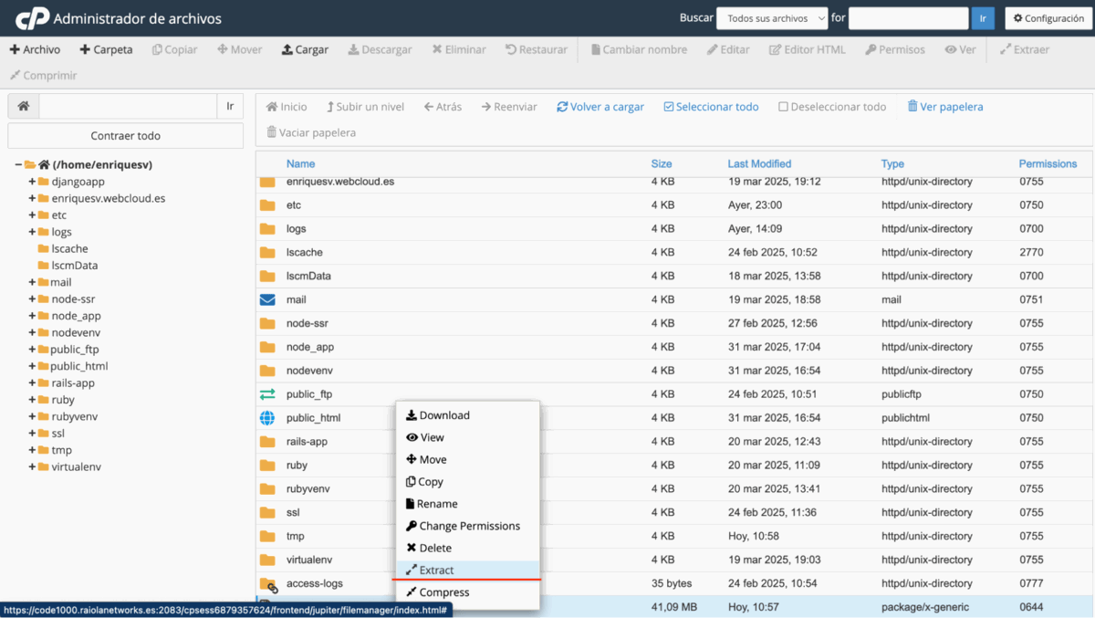“Extract Files” para descomprimir proyecto en cPanel