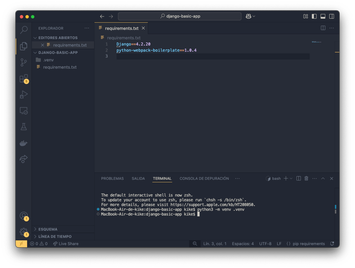 especificando las dependencias de la versión 4.2.20 de Django