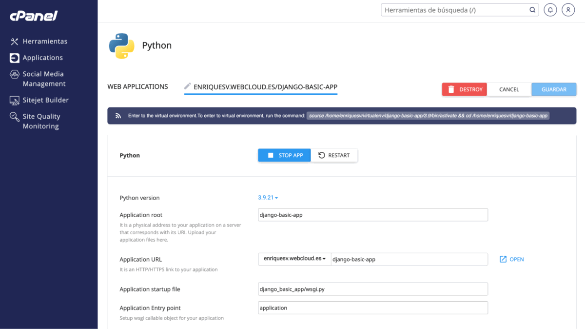  “Create” para ejecutar aplicación Python en cPanel