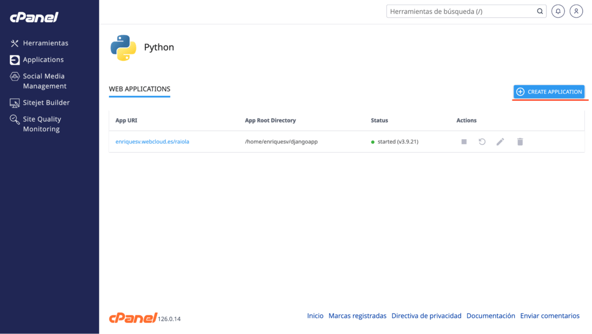 Botón de “Create Application” de Python en cPanel