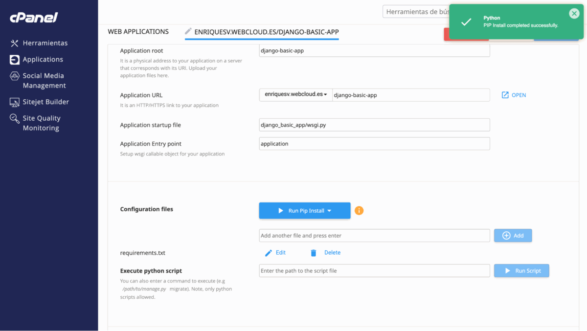 mensaje de éxito al instalar dependencias de pip