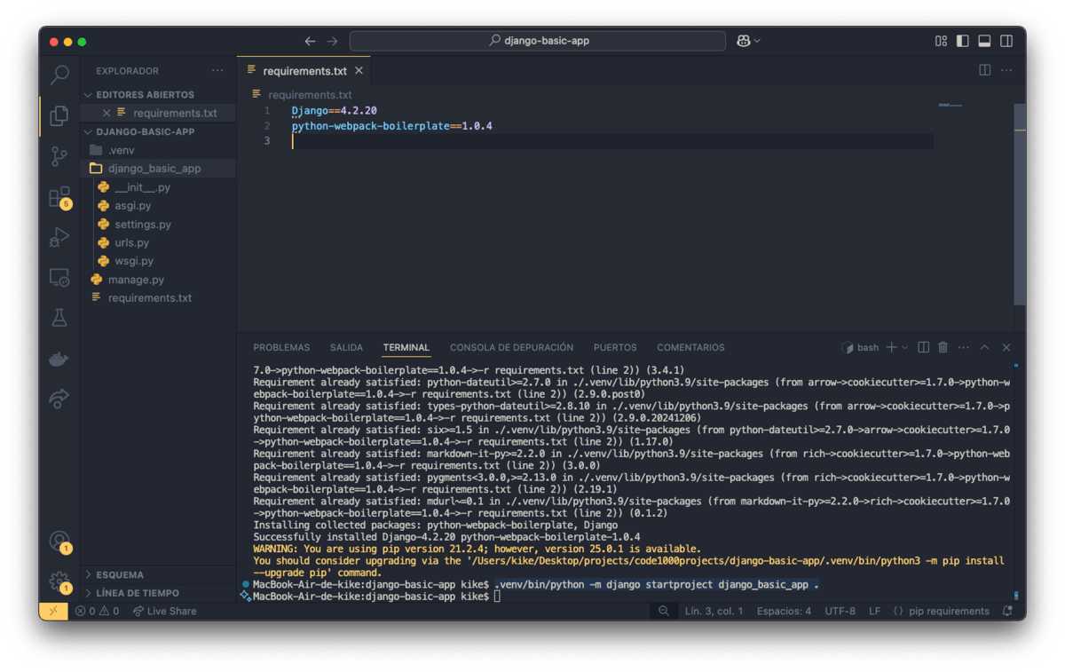 generar la estructura de ficheros de Django en la raíz del proyecto