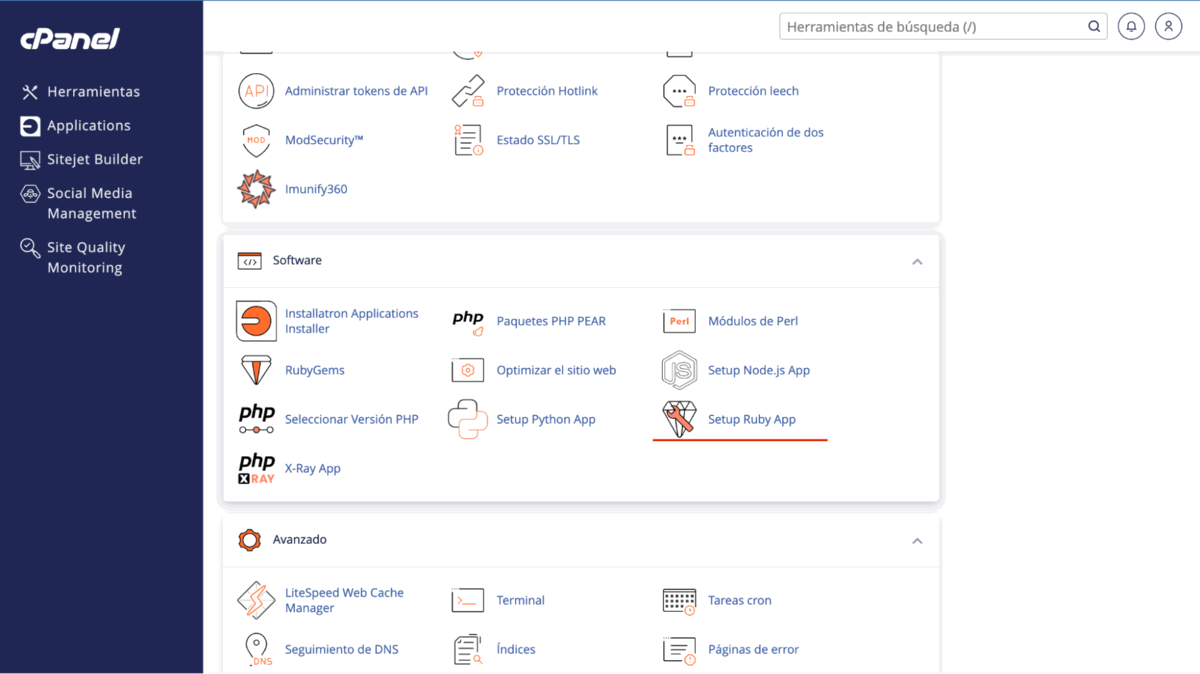 despliegue de aplicación Ruby, en el menú de herramientas de cPanel