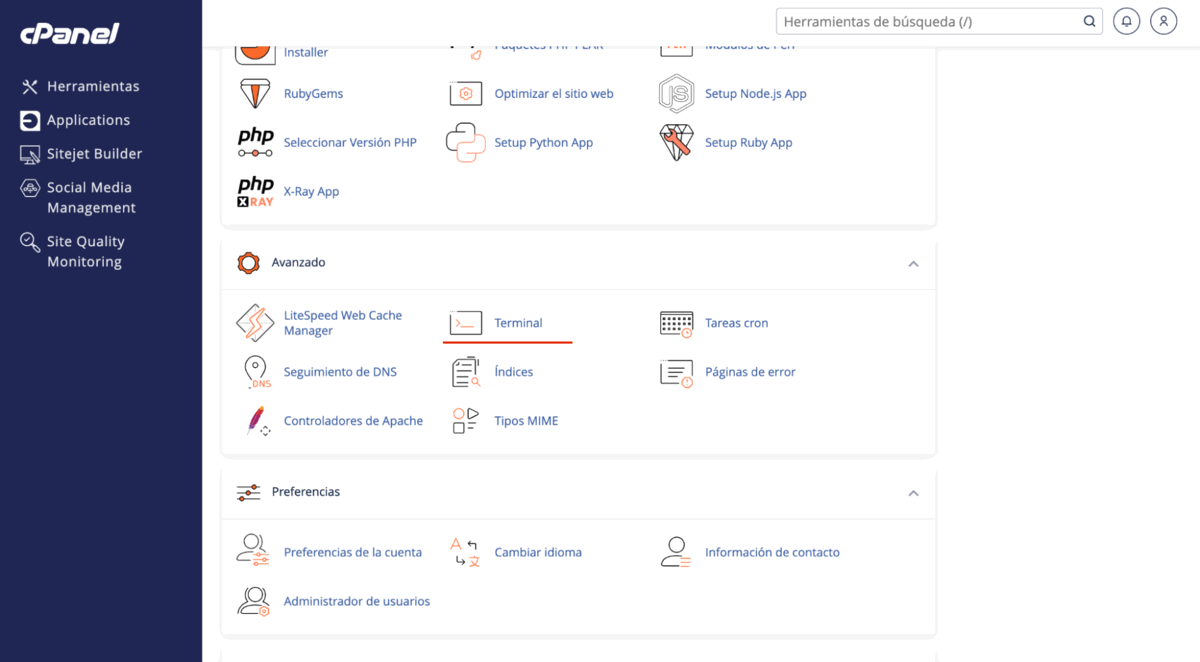 herramienta “Terminal” de cPanel
