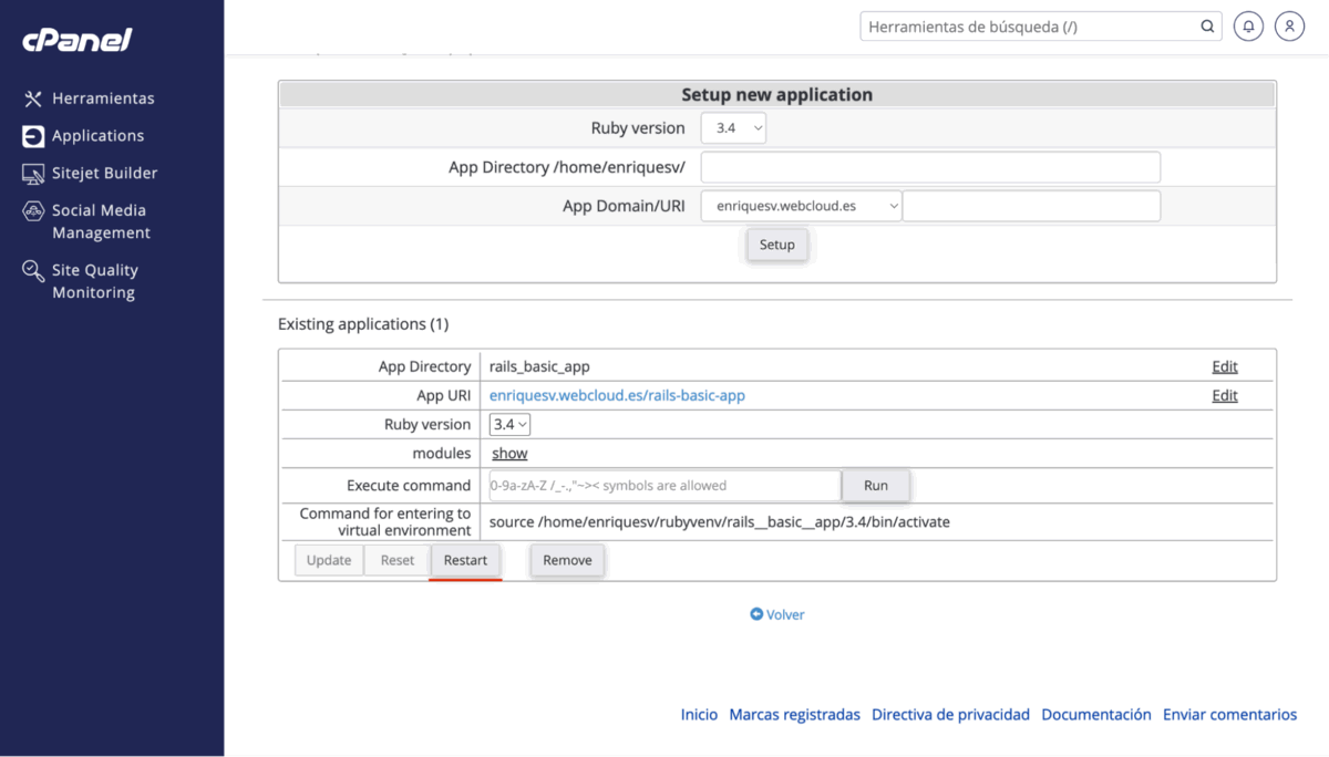 pulsar el botón “Restart” de la aplicación para que se reinicie con las dependencias correctamente instaladas