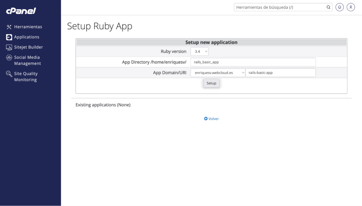  “Setup new application” para desplegar una nueva aplicación