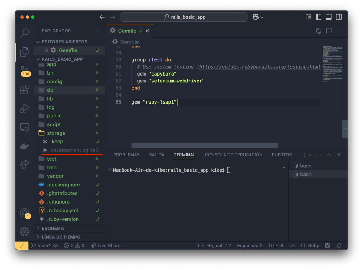  fichero .sqlite3 en el directorio storage, la base de datos