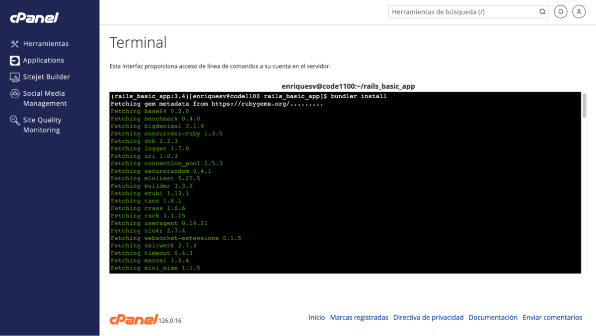 Una vez dentro del directorio, proceder a instalar las dependencias del proyecto Ruby
