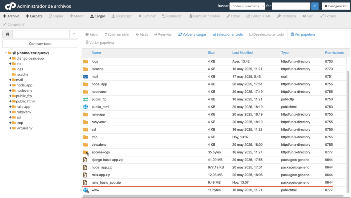 archivo subido en la carpeta de usuario de cPanel