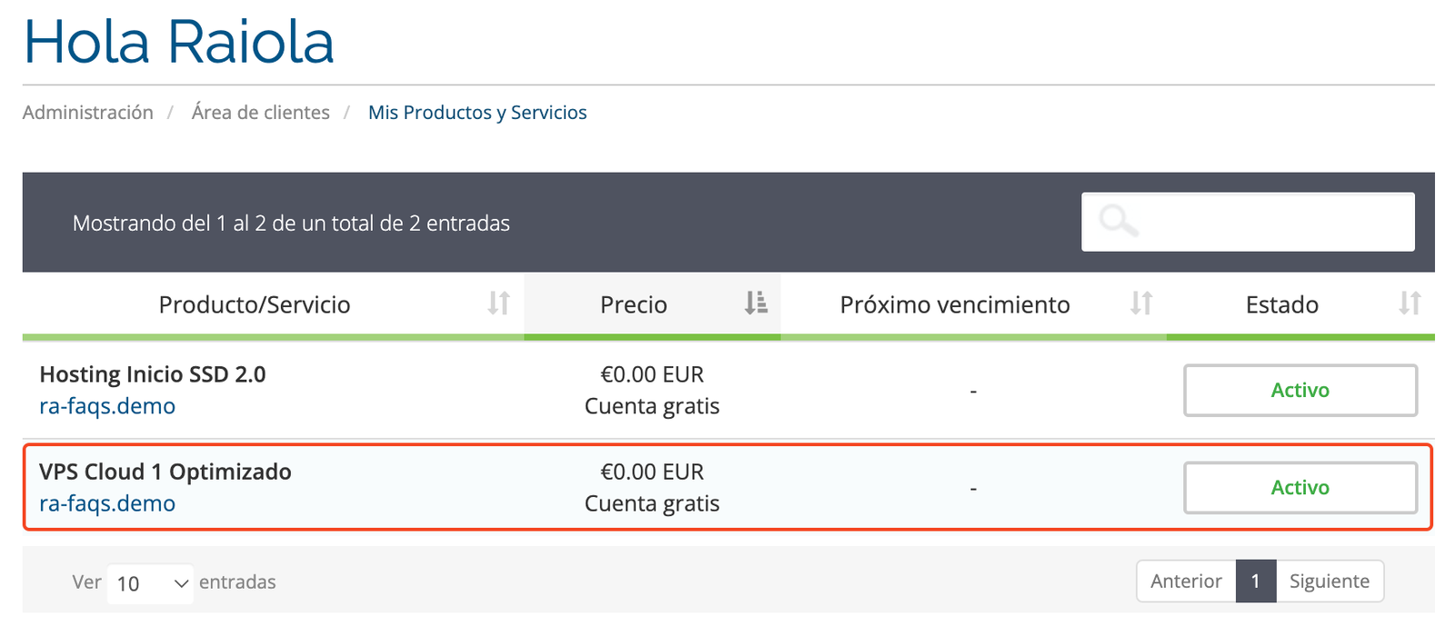 Tabla de servidores VPS Cloud disponibles para gestionar