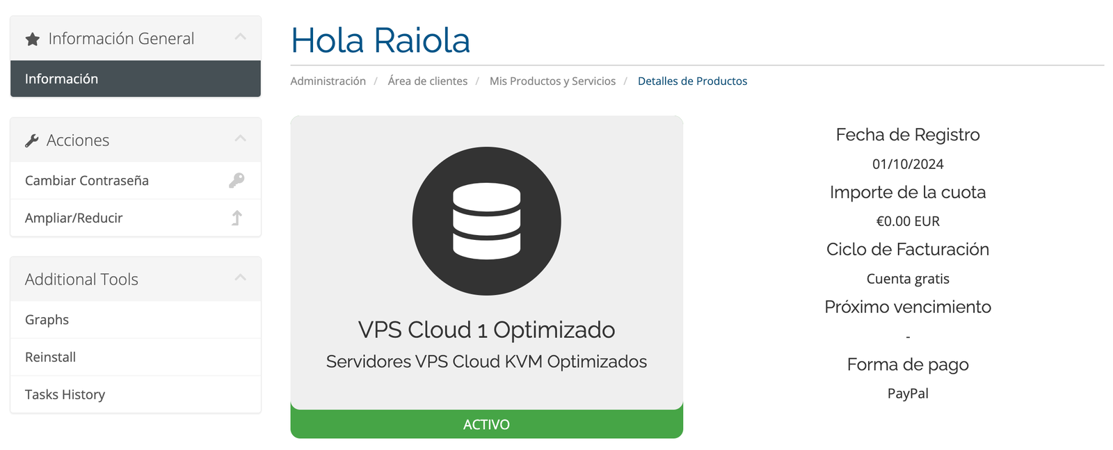 Página de detalles del servicio VPS Cloud con información completa