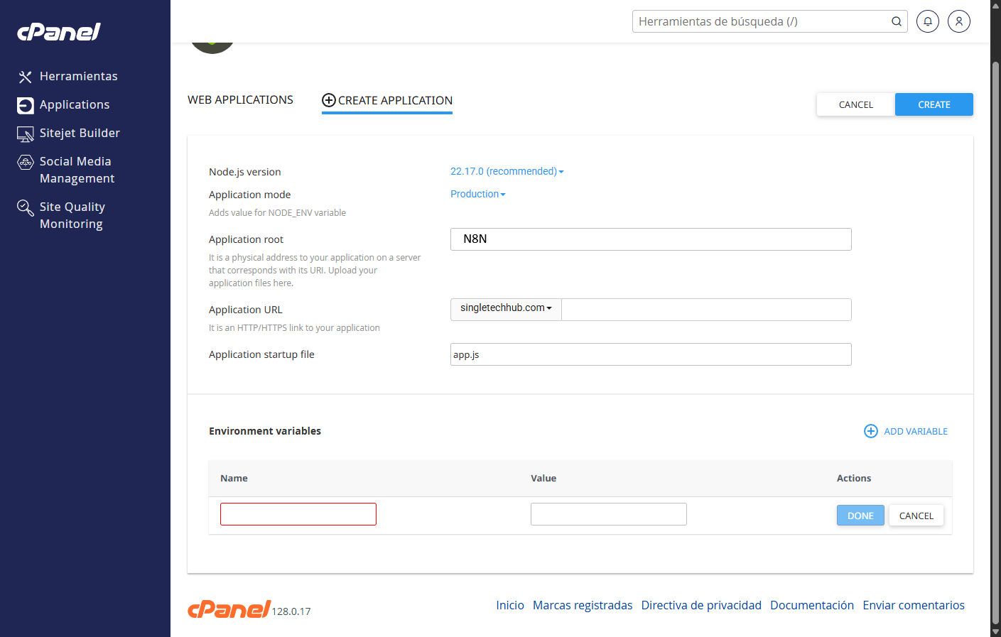 variables del entorno nodejs hosting