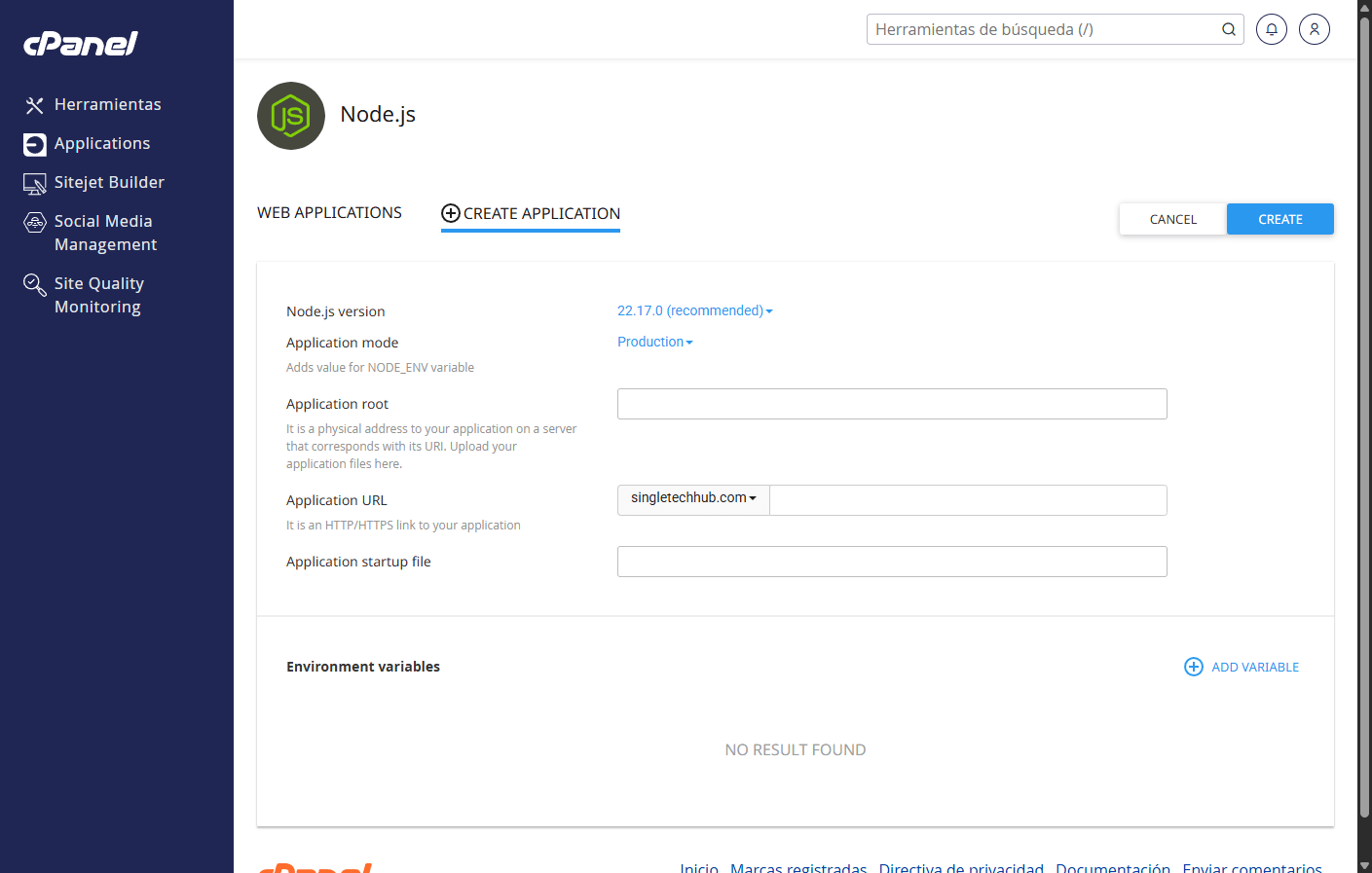 create application node.js cpanel