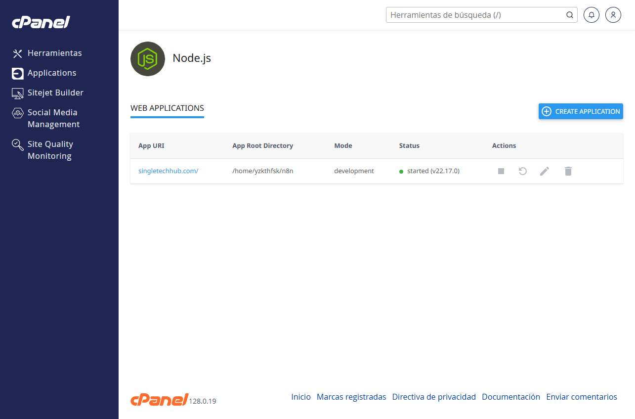 listado setup node.js app cpanel
