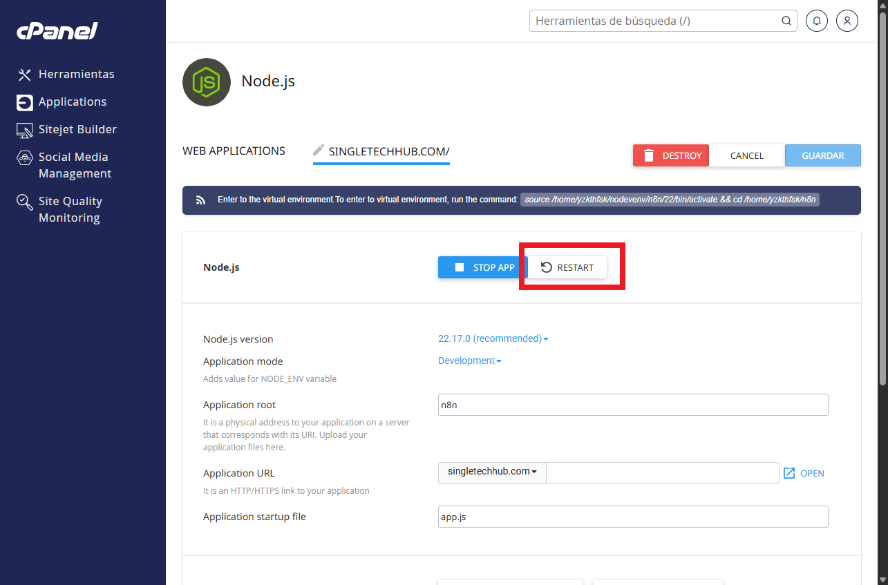 reiniciar node.js cpanel
