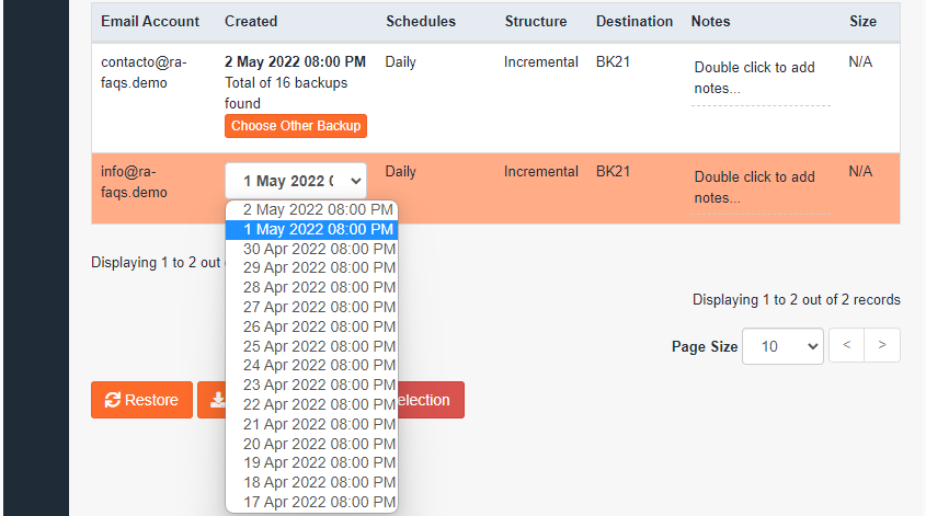 Seleccionar Fecha de Copia de Seguridad para Cuentas de Correo en JetBackup