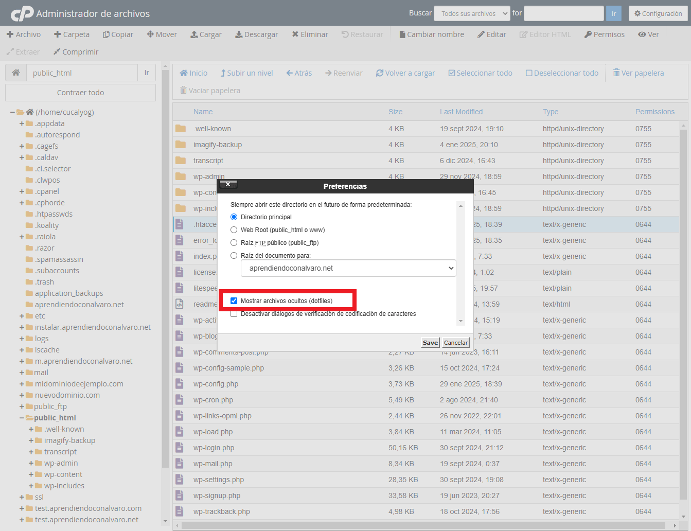 Mostrar archivos ocultos (dotfiles) cpanel