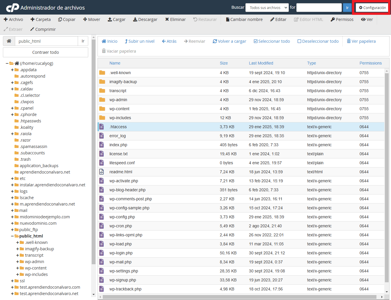 configuración file manager cpanel